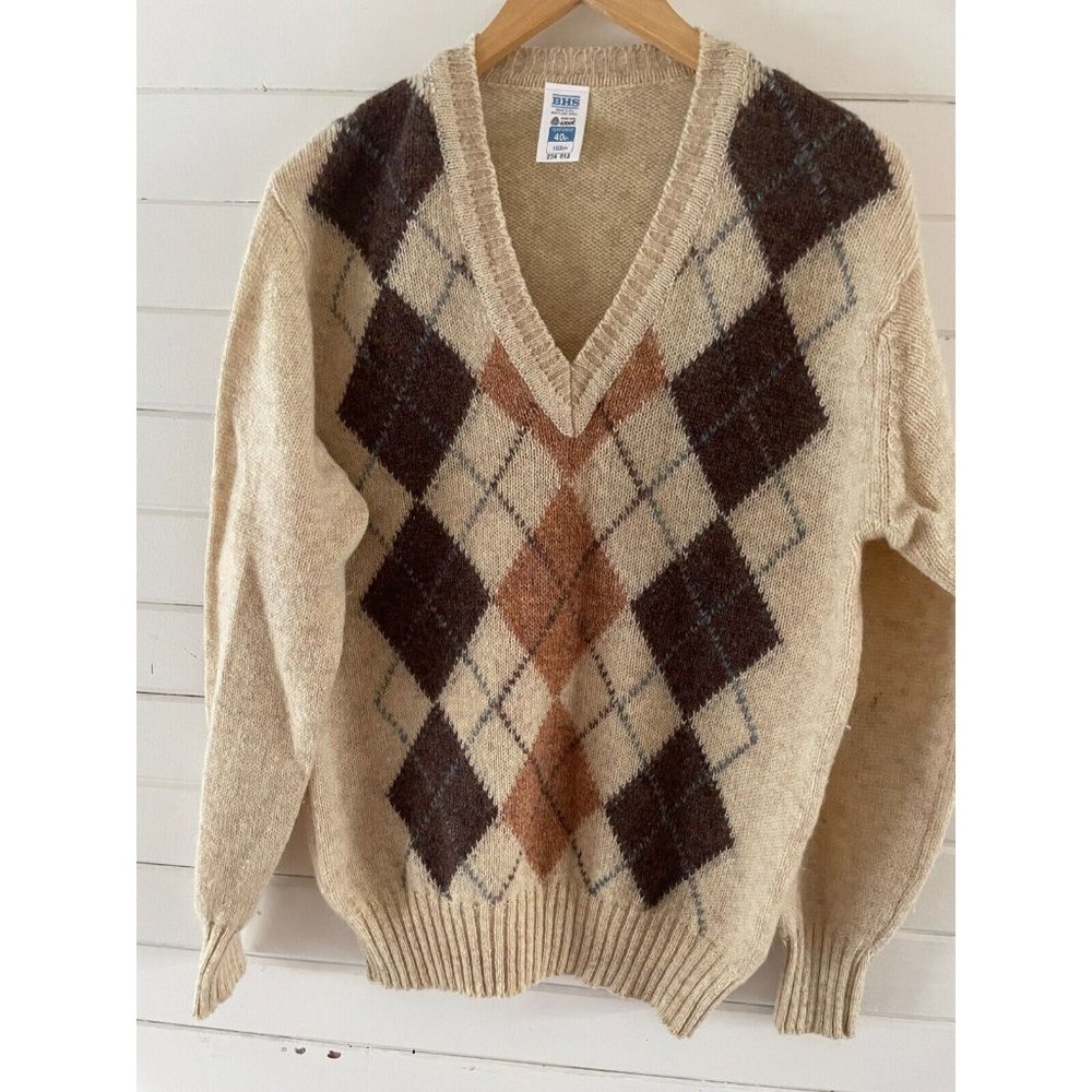 Vintage BHS argyle Mens M Cream Fair Isle shetland Wool sweater Made in Irland